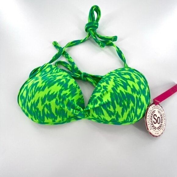 SO Bikini Swimsuit Halter Top Junior Sz XS Neon Animal Print Green Ruched Center - Picture 5 of 13